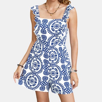 Women's Chic Blue and White Floral Back Tie Romper - Cupshe