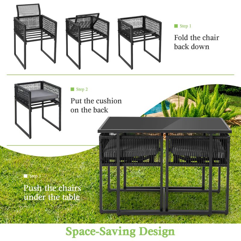 Tangkula Set of 3 PE Wicker Furniture Set Cushioned Chairs w/ Folding Backrest Patio Backyard, 3 of 5