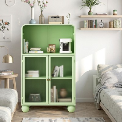 VYNXARIA 45.28" H Storage Cabinet,Bathroom Floor Cabinet with Glass Door and Shelves,Freestanding Display Storage Cabinet,Green