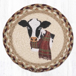 Earth Rugs Winter Cow Round Trivet – 10" Holiday Cow Print on Braided Natural Jute Table Mat - 1 of 3