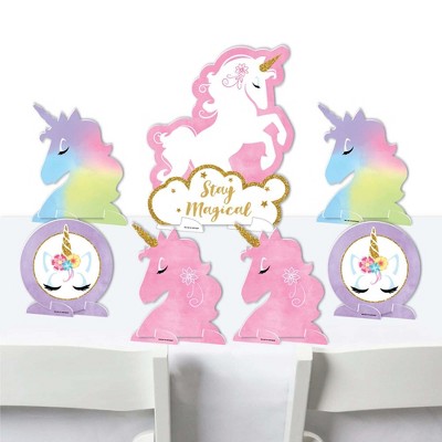 Big Dot of Happiness Rainbow Unicorn - Magical Unicorn Baby Shower or Birthday Party Centerpiece Table Decorations - Tabletop Standups - 7 Pieces