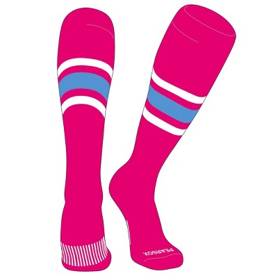 PEAR SOX Striped OTC Baseball, Softball, Football Socks (B) Hot Pink, White, Sky