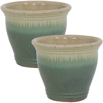 Sunnydaze Studio Outdoor/Indoor High-Fired Glazed UV- and Frost-Resistant Ceramic Planters with Drainage Holes - 11" Diameter - Seafoam - 2-Pack