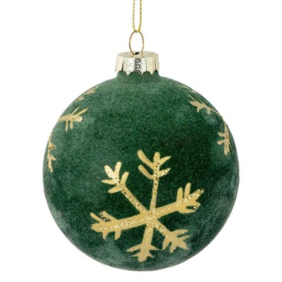 Green Velvet Glass Christmas Ball Ornaments with Gold Snowflakes, Set of 4