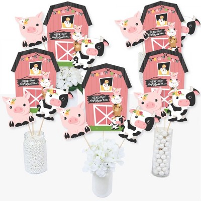 Big Dot of Happiness Girl Farm Animals - Pink Barnyard Baby Shower or Birthday Party Centerpiece Sticks - Table Toppers - Set of 15