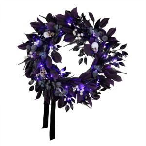 26"  Prelit LED Mini Skulls Floral Halloween Wreath Purple Lights - National Tree Company - 1 of 4