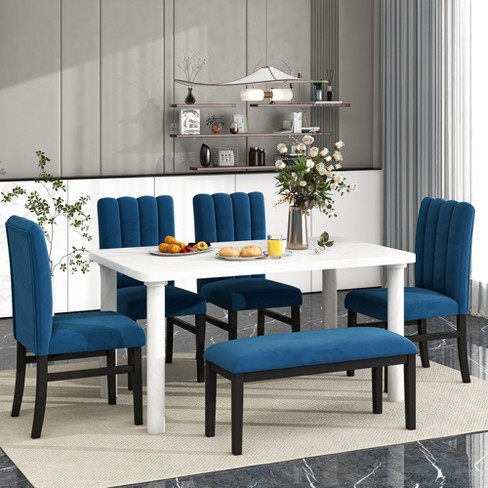 Marble table with online blue chairs