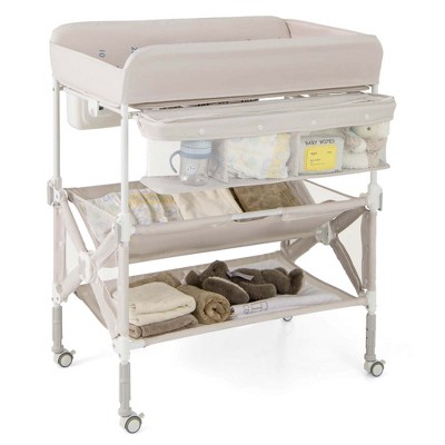 Image of Costway Portable Baby Changing Table with Wheels Adjustable Height Large Storage Rack Beige
