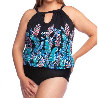 Women's High Neck Keyhole Blouson One Piece Swimsuit - Plus Size - Maxine