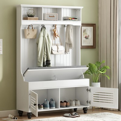 TIRAMISUBEST 5-in-1 Entryway Bench with Shutter-shaped doors, Coat Rack, Cushion and 4 Sturdy Hooks, 47.2'' Wide Hall Tree with Storage Bench