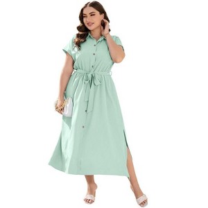 Coolmee Women's Plus Size Summer Dress Tie Belt Work Polo Dress Business Casual Button Down Maxi Dresses - 1 of 4