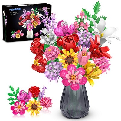 Plaxsoon 18 Flower Bouquet Building Set, 1513pcs Botanical Collection Rose Sunflower Home Plant for Aged 8+