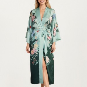 Anna-Kaci Lounge Women's Long Satin Floral Print Robe with Waist Tie and Wide Sleeves - 1 of 4