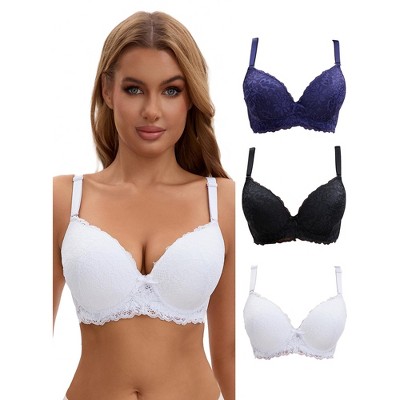 INSPIRE CHIC 3 Pcs for Women's Lace Full Coverage Adjustable Strap Push Up Bras