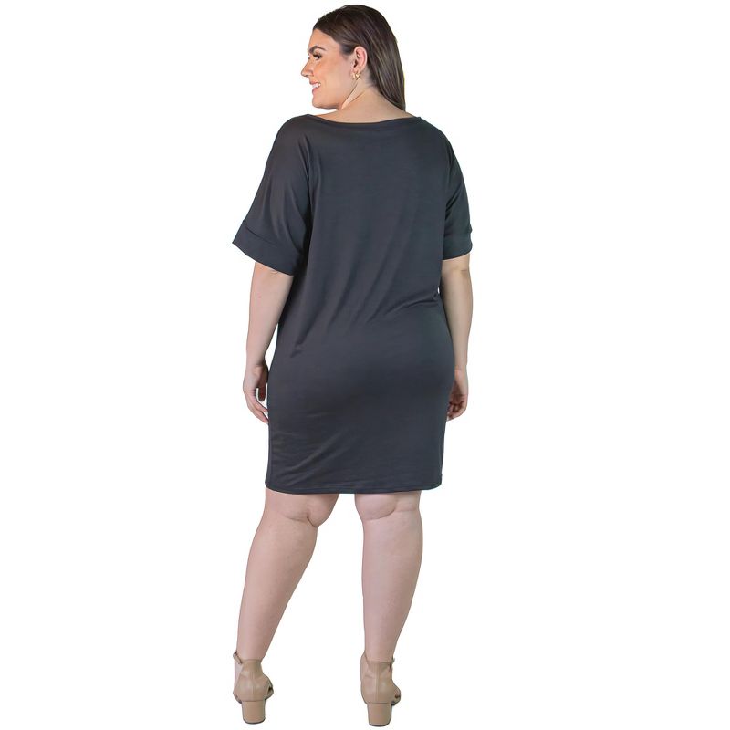 24seven Comfort Apparel Plus Size Solid Color Loose Fit V Neck T Shirt Style Knee Length Dress, 3 of 5