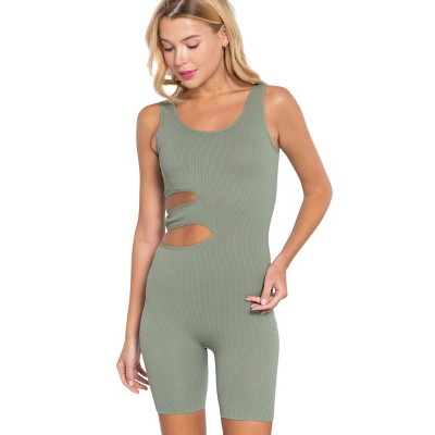 Slickblue Seamless Cut-Out Romper with Double Scoop Neck and Circle Fastener - Sage Green/Mauve/Toffee/White, S/M-M/L