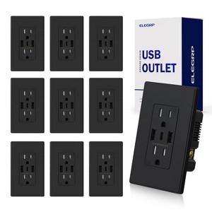 ELEGRP 3 Ports Dual Type A & Type C USB Charger Wall Outlet, 15 Amp Tamper-Resistant Outlet, with Wall Plate, Black(10 Pack) - 1 of 1