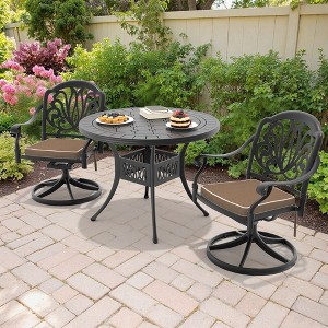 3-Piece Round Cast Aluminum Patio Set with Swivel Chairs,Brown Cushions - 1 of 4