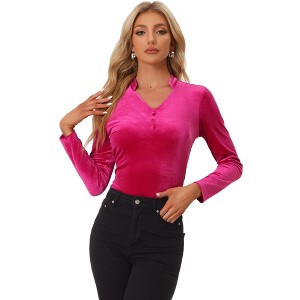 INSPIRE CHIC Women's Casual Soft Long Sleeve Button Decor V Neck Velvet Top - 1 of 4
