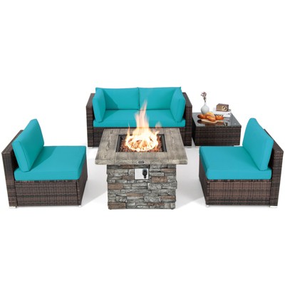 Tangkula Patio Rattan 6PCS Cushioned Sofa Set Furniture Set Thick Cushion with 34.5" Fire Pit Table for Garden Black/Blue/Red/Turquoise/Off White