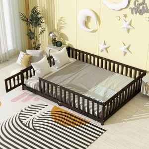 Whisen Twin Bed & Rubber Wood Floor Bed with Fence without Door, Multi - Functional Floor Bed for Kids' Sleep & Play - 1 of 4