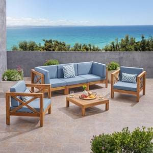 Christopher Knight Home Sandy 6 piece Outdoor Acacia Wood Sectional Seating Set with Water-Resistant Cushions - 1 of 4