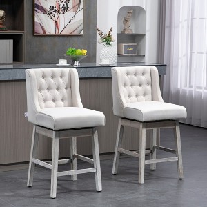 Counter Height Bar Stools Set of 2, 180 Degree Swivel Barstools, 27" Seat Height Bar Chairs with Solid Wood Footrests and Button Tufted Design, Beige - 1 of 4