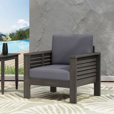 1 Piece Outdoor Acacia Wood Patio Club Chair,Gray Fabric Upholstered Garden Club Chair,Lounge Armrests Chair With Adjustable Levelers-Coolbibila