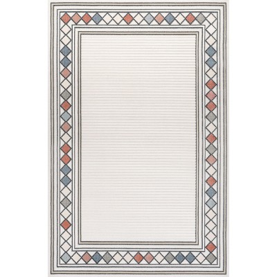 Ivory Beige Geometric Synthetic 5'x8' Reversible Indoor/Outdoor Rug