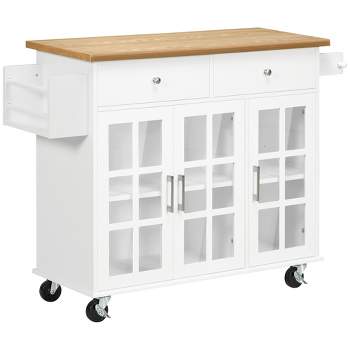 HOMCOM Rolling Kitchen Island with Storage, Utility Kitchen Cart with 2 Drawers, 2 Cupboards, Towel Rack and Spice Rack for Dining Room, White