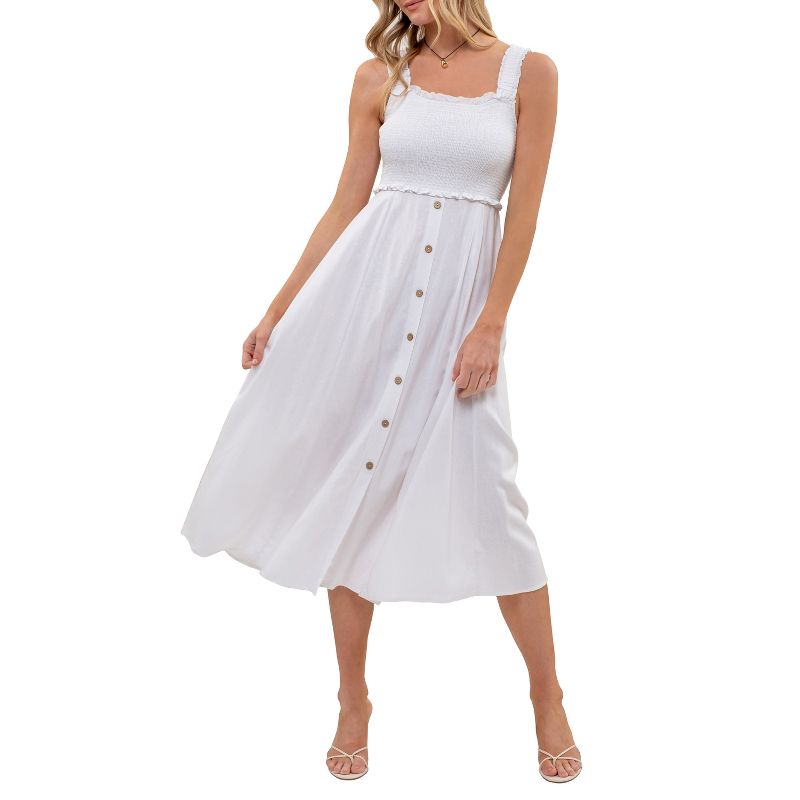 August Sky Women's Sleeveless Smocked Bodice Faux Button Down Skirt Midi Dress, 1 of 7