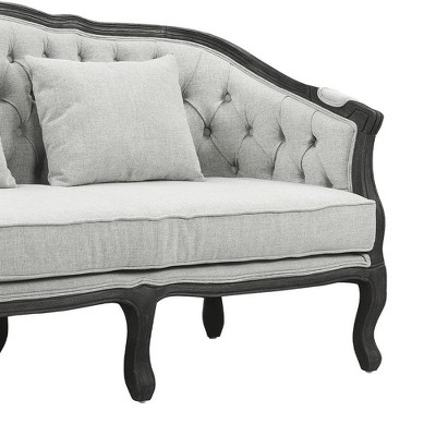 64" Gray Linen Camel-Back Sofa with Dark Brown Carved Wood Frame