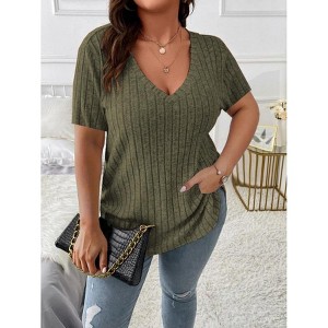 Clearlove Plus Size Tops for Women Short Sleeve Shirts V Neck Loose Fit Blouse Solid Color Lightweight Shirts - 1 of 3