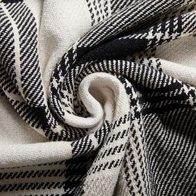 Rustic Beige and Black Cotton Plaid Throw Blanket with Fringe
