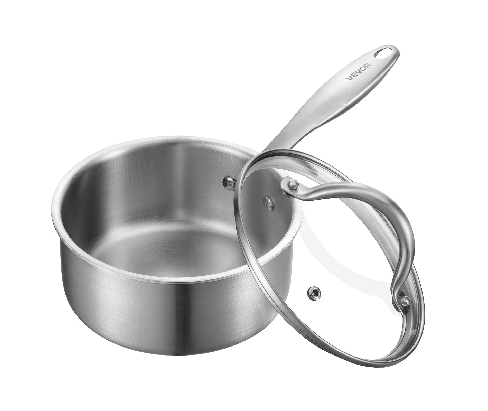 VEVOR 1.5 QT Saucepan, Stainless Steel Saucepan with Glass Lid, Multipurpose Nonstick Stainless Steel Small Cooking Sauce Pot, Silver