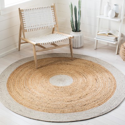 Handmade Beige and Natural Round Wool Cotton Rug, 5' x 5'