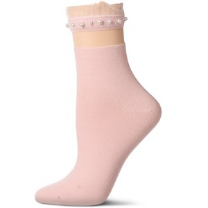 Memoi Women's Sheer Ruffle Cuff Faux Pearl Anklet Sock - 1 of 4