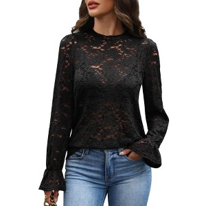 Clearlove Womens Lace Blouse Mock Neck Bell Elegant Long Sleeve