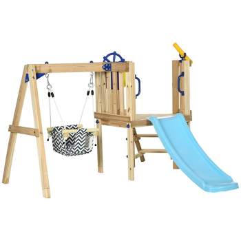 Outsunny Wooden Outdoor Playset with Baby Swing Seat, Toddler Slide, Wheel, Telescope, Backyard Playground Set, Kids Playground Equipment, Ages 1.5-4