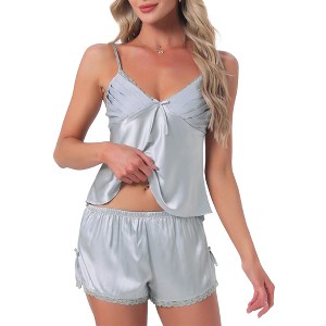 INSPIRE CHIC Women's Satin Loungewear Backless Lace Silky Bow Spaghetti Strap V Neck Top with Split Shorts Pajama Set - 1 of 4