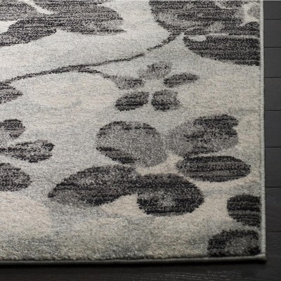 Grey and Black Floral Synthetic Rectangular Area Rug