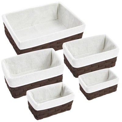 Juvale 5 Pack Wicker Nesting Baskets with Cloth Lining for Storage, Pantry Shelves, Closet (Brown, 3 Sizes)