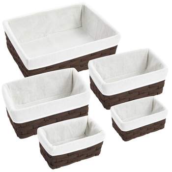Juvale 5-Pcs Brown Small Rectangular Woven Nesting Baskets, Lined Wicker Set for Organizing Closet, Kitchen, Pantry Shelves, Bathroom (3 Sizes)
