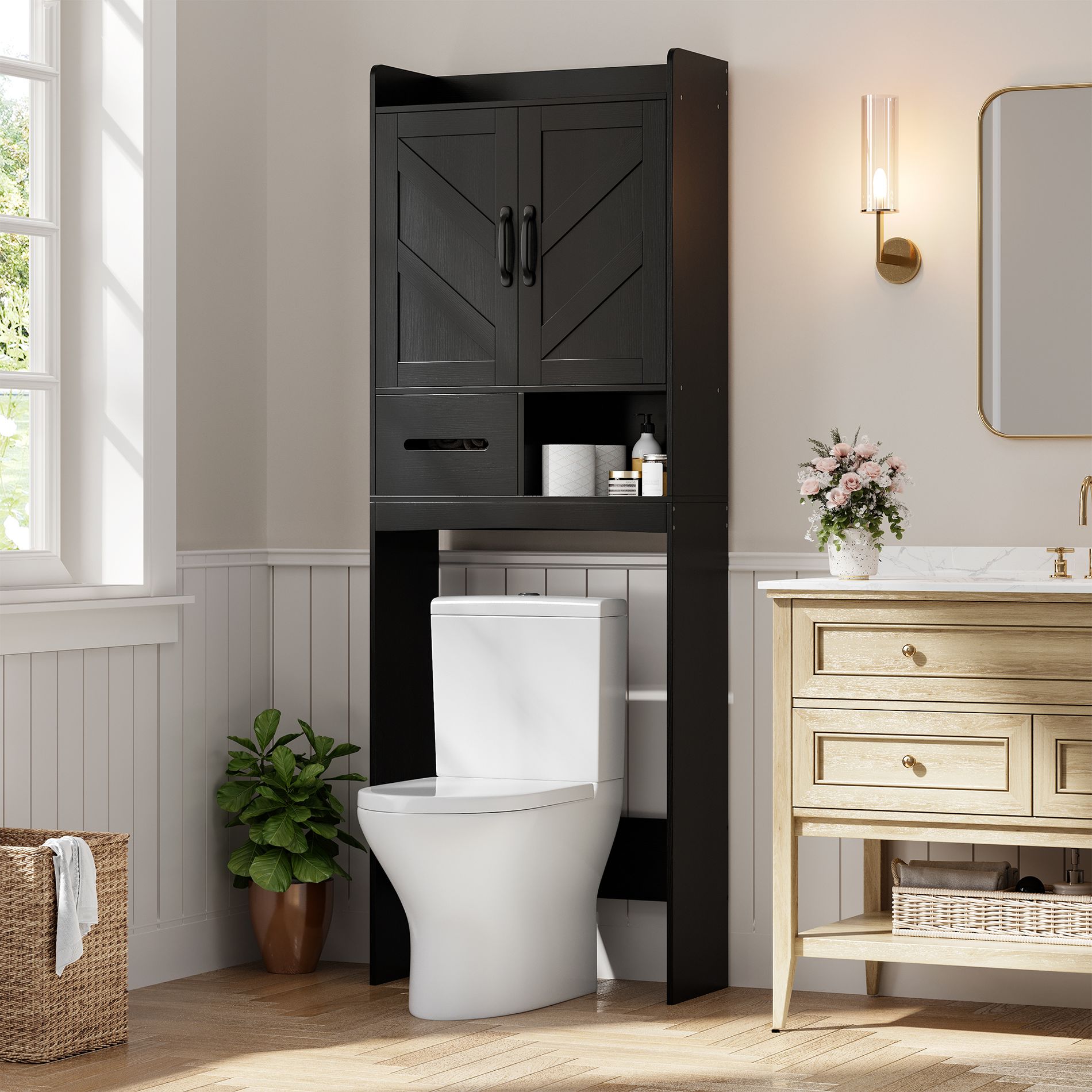 Over The Toilet Storage Cabinet with Anti-Tip Device,FreeStanding Bathroom Organizers with Toilet Paper Holder Shelf for Bathroom,Restroom,Laundry