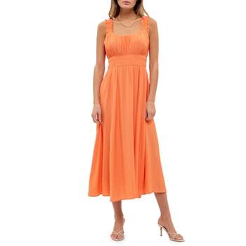 August Sky Women's Solid Sleeveless Wide Ruched Straps Midi Dress