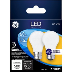 GE 2pk Soft White LED 60W Frosted Ceiling Fan A15 - 1 of 3