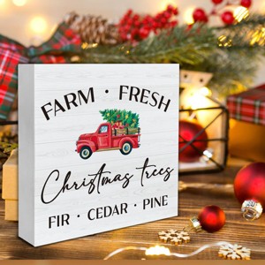 Christmas Indoor Decorations, Christmas Trees Red Truck Wooden Sign Decor, Farmhouse Christmas Wooden Block Sign - 1 of 4