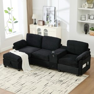 4-Seater L-Shaped Sectional Sofa, Corduroy Sofa with Cup Holders, USB Ports, Storage Ottoman & Movable Console - ModernLuxe - 1 of 4
