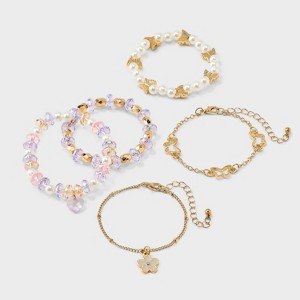 Girls' 5pk Flowers and Butterflies Bracelet Set - Cat & Jack™️ Gold/Purple - 1 of 3