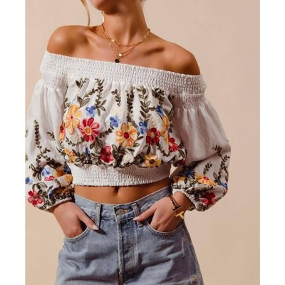 Women's Floral Embroidered Off The Shoulder Top - MACARON